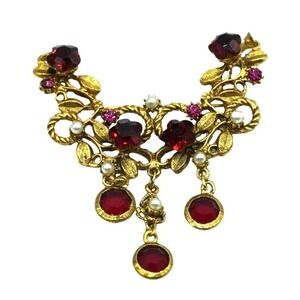 Red Pink Rhinestone Brooch Faux Pearl Bezel Crystal Dangles Jewelry Vintage